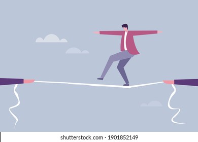 Conceptual Illustration Of A Business Man Walking On A Tight Rope