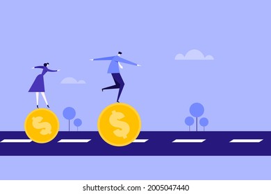 Conceptual illustration of business people balancing on rolling Dollar coins