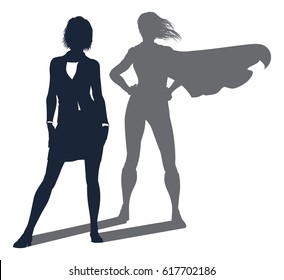 Conceptual illustration of a business woman revealed as a super hero by her shadow