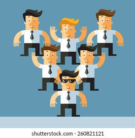 Conceptual illustration of a businessman carrying on the shoulders whole company. Business flat vector illustration 