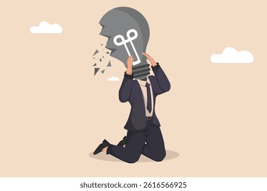 Conceptual Illustration Businessman Kneeling with Broken Light Bulb Head, Symbolizing Idea Loss and Creative Block.