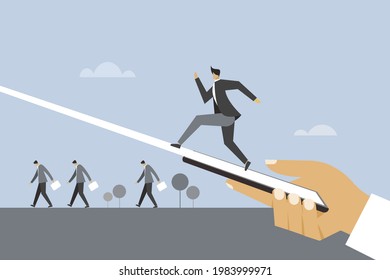 Conceptual illustration of a businessman running fast on a path created from the mobile phone