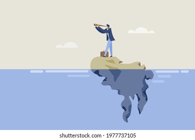 Conceptual illustration of a businessman stranded in an island looking for rescue