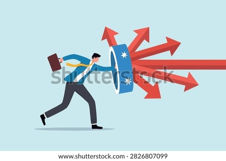 Conceptual illustration of a businessman using a shield to block multiple red arrows, symbolizing protection, risk management and business resilience.