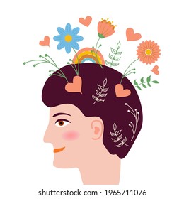 Conceptual illustration of caring growing flowers as a concept for developing positive thinking and caring for our mental health.