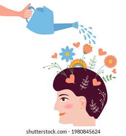 Conceptual illustration of caring Growing flowers as a concept for developing positive thinking and watering as an act of caring for our mental health.