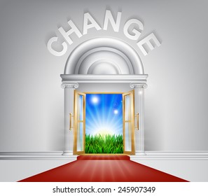 A conceptual illustration of Change door entrance opening onto a field of lush green grass. Concept for a positive life change