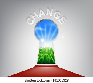 A conceptual illustration of a change keyhole entrance opening onto a field of lush green grass. Concept for a new life or opportunity