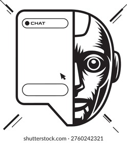 A conceptual illustration of a chat input field transforming into a robot face, representing the evolution of human communication into artificial intelligence interaction. The split design (half textbox, half AI head) symbolizes chatbot technology, AI assistants, automation, and the future of digital conversation. Ideal for topics like generative AI, machine learning, virtual assistants, customer support automation, and smart communication interfaces. Modern, minimal design suitable for, tech presentations, and digital innovation themes.