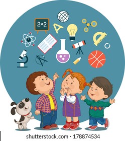 Conceptual illustration of cheerful children with education icons in a circle