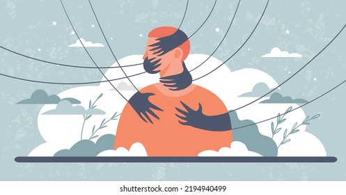 Conceptual illustration of childhood trauma, domestic violence, violation of personal boundaries, harassment. People s hands touch the man, strangle, hold the man. Psychology vector banner.