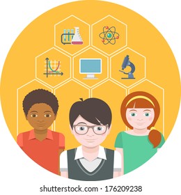 Conceptual illustration of children with different symbols of sciences