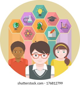 Conceptual illustration of children with different symbols of sciences in colored hexagons