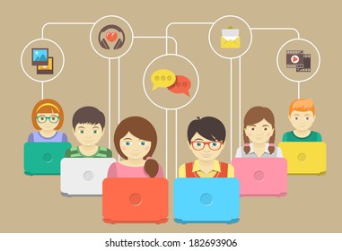Conceptual illustration of children with laptops sharing multimedia information