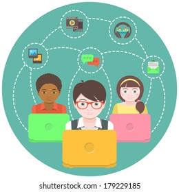 Conceptual illustration of children with laptops that share multimedia information on the Internet
