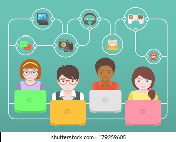 Conceptual illustration of children with laptops that share multimedia information on the Internet