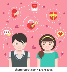 Conceptual illustration of children in love with dating symbols