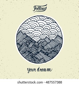 conceptual illustration in circle, abstract landscape with mountains and waves
