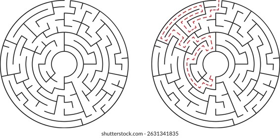 Conceptual illustration of a circular maze with the route to success highlighted in red