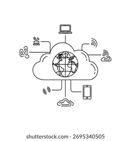 Conceptual illustration of a cloud computing network, connecting various devices like laptops, smartphones, and IoT gadgets to a central globe, symbolizing global connectivity.