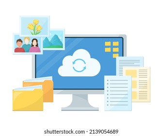 Ilustración conceptual del almacenamiento en la nube. PC y datos de fotos y documentos. Datos vectoriales sobre fondo blanco.