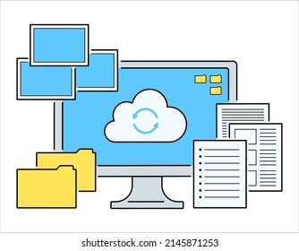 Conceptual illustration of cloud storage. PC and photo and document data. Vector data on white background. Line art.