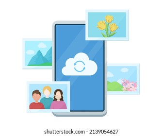 Conceptual illustration of cloud storage. Smartphone and photo data. Vector data on white background.