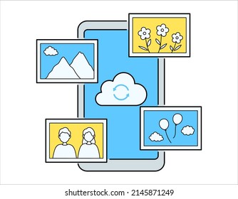 Conceptual Illustration Of Cloud Storage. Smartphone And Photo Data. Vector Data On White Background. Line Art.