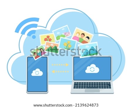 Conceptual illustration of cloud storage. Synchronization between smartphone and computer. Data management. Photo sharing.