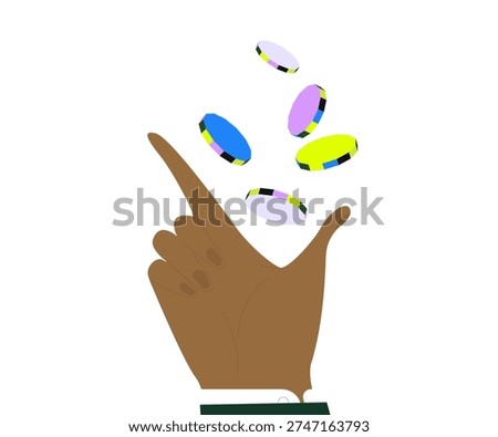 Conceptual illustration of a coin toss symbolizing financial risk, uncertainty, and chance. Upwardly aimed hand releasing coins.