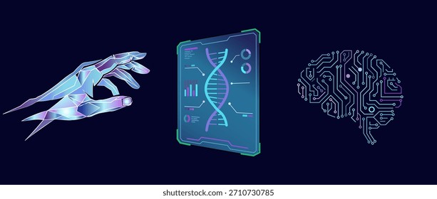 Conceptual illustration combining artificial intelligence, genetics, and brain science on a dark background.