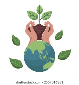 A conceptual illustration combining hands holding a plant with the Earth globe beneath. The design shows caring hands cradling soil and a growing green plant positioned above a blue-green Earth