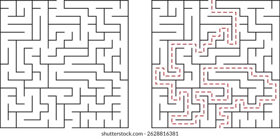 Conceptual illustration of a complex maze puzzle with solved solution displayed clearly