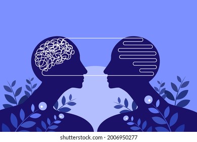 Conceptual illustration of complex thoughts inside one brain is getting simplified in another