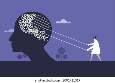 Conceptual illustration of complex thoughts inside a brain is straightened by an expert