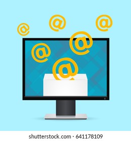 Conceptual illustration of computer with e-mails. Open the email on your computer. Vector envelope with the letter. 