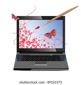 Conceptual illustration of computer graphics. The paintbrush draws flowers on the screen of laptop