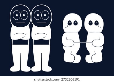 Ilustración conceptual del conflicto y la conexión: dos pares de figuras minimalistas enfrentadas con tensión