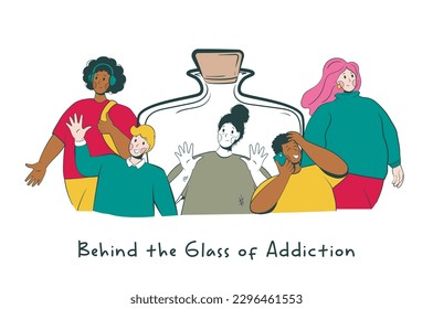 Conceptual illustration of the consequences of alcoholism with a depressed female character imprisoned in a bottle, watching life pass her by through the glass. Unhealthy Lifestyle