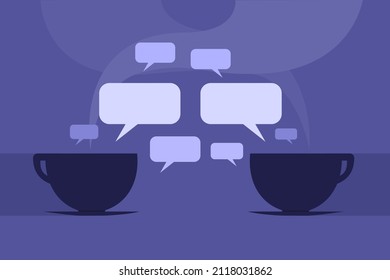 Conceptual illustration of conversation over a cup of coffee.Chat bubbles around two steaming cups of coffee