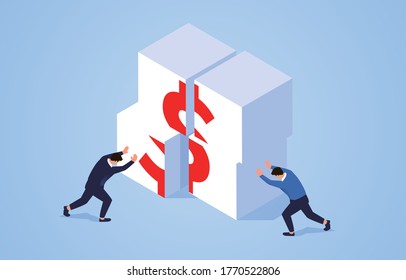 Conceptual illustration of cooperation to make money, two businessmen pushing cube puzzle dollar sign