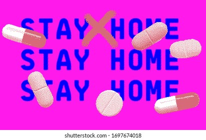 Conceptual illustration for  Coronavirus Disease 2019 (COVID-19) Quarantine and Remote Work from Home. Pixel art modern collage.