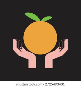 Ilustração conceitual de mãos atadas suavemente segurando uma grande laranja madura com duas folhas verdes no topo
