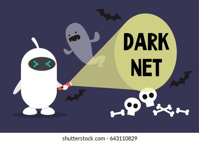 Conceptual illustration. Cute scared robot exploring the Dark net / cartoon style editable flat illustration, clip art
