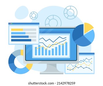 Conceptual illustration of data management and analysis. Graph of data on desktop monitor. Flat design.