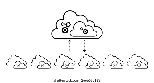 Ilustración conceptual de la transferencia de datos entre múltiples nubes Pequeñas y una Grande nube central, que simboliza la computación en la nube y la sincronización de datos en una red.