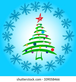 Conceptual illustration with the decorated Christmas tree in a circle of snowflakes