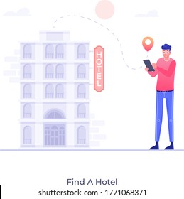A conceptual illustration denoting man with a building having location tracker, find a hotel vector design