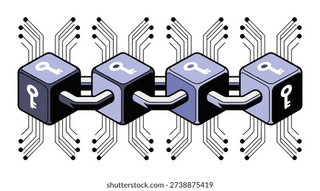 A conceptual illustration depicting a blockchain with interconnected blocks, each featuring key symbols, against a background of circuit board patterns, representing digital security and decentralized networks.