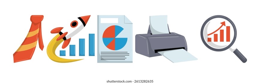 A conceptual illustration depicting business growth, featuring elements like a rocket, charts, and a magnifying glass to symbolize analysis and exploration for success.
